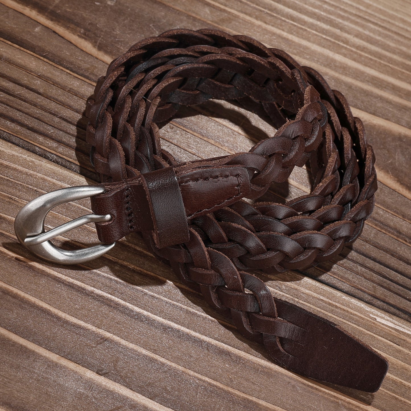 Braided genuine leather belt with silver buckle