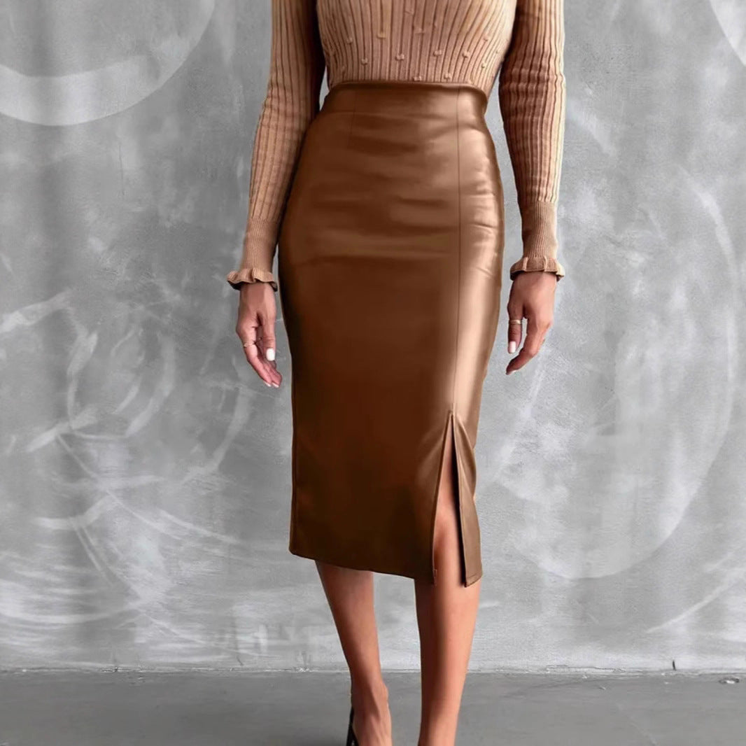 Imitation Leather Brown Long Skirt Slide Slit Hem