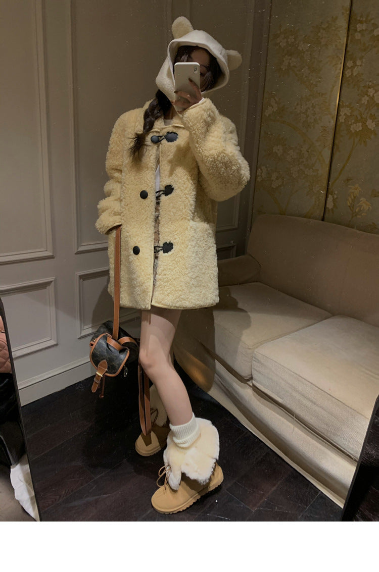 Women’s Full Wool Fur Coat Corn Yellow Shearling Winter Jacket