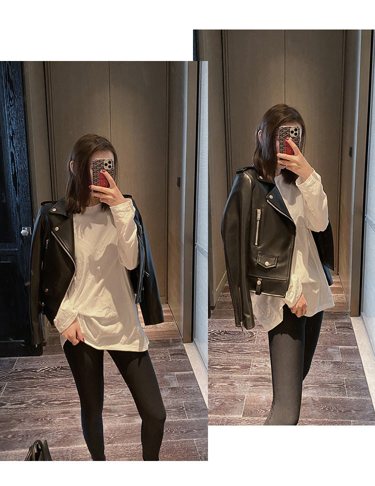 Women Leather Moto Jacket Cropped Motorcycle Jacket