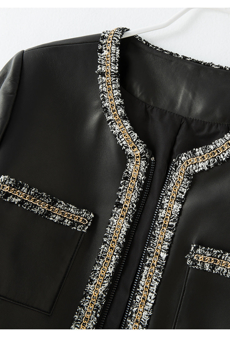 Women’s Leather Jacket with Chain Trim and Tweed Edge