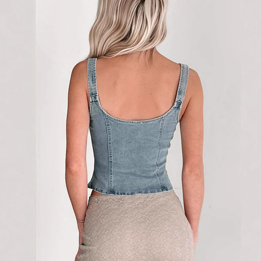 Women’s Zip Front Denim Vest with Buckle Strap Detail