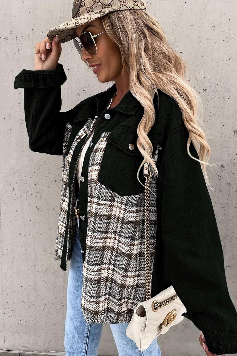 Black Plaid Patchwork Oversized Denim Shirt Jacket for Women