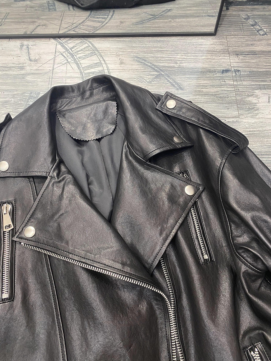 Women Oversized Genuine Leather Motorcycle Jacket Retro Washed