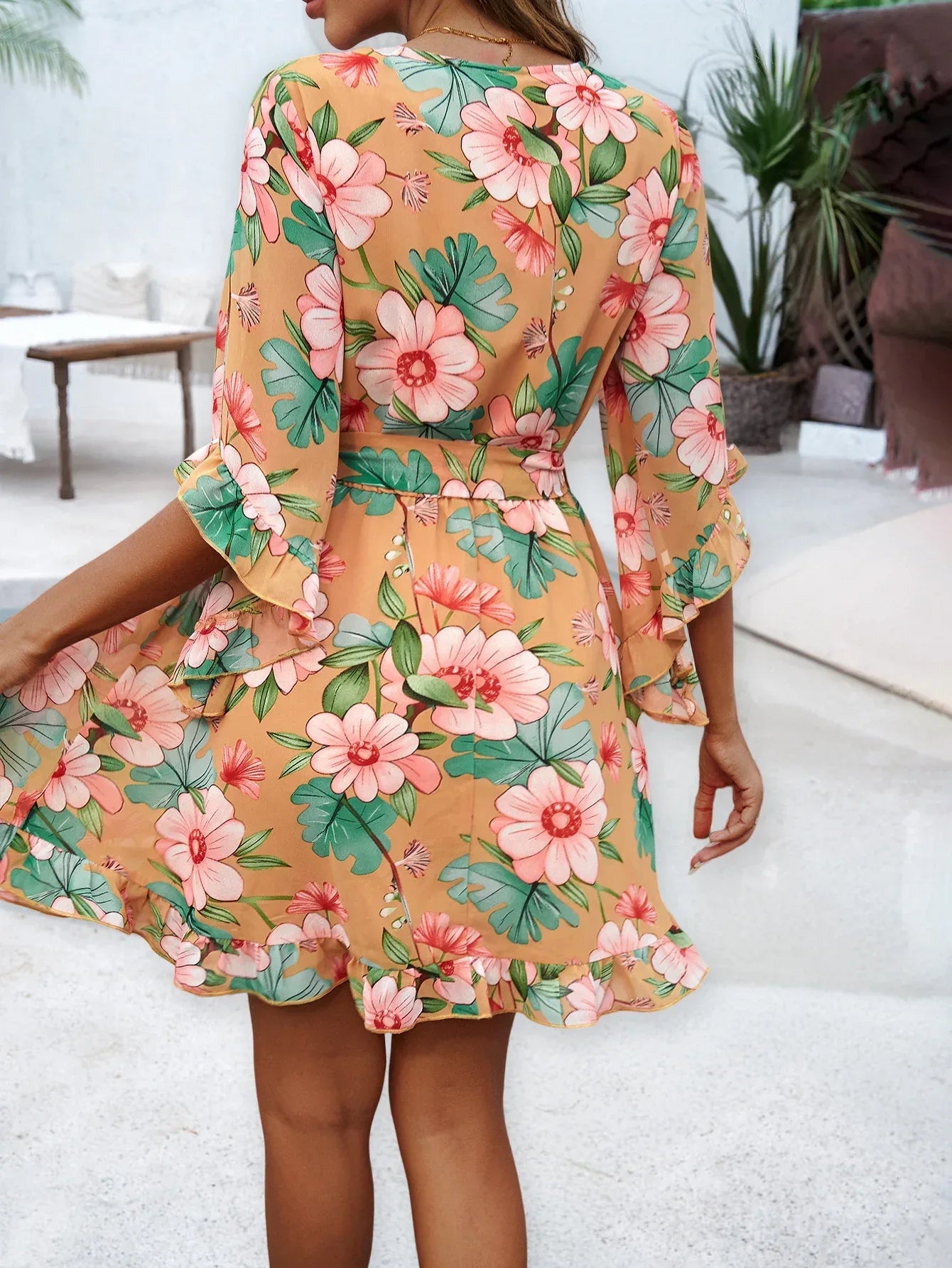 RUFFLE FLORAL WRAP MINI DRESS – ORANGE FLORAL