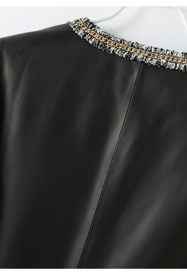 Women’s Leather Jacket with Chain Trim and Tweed Edge