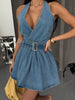Women’s Denim Halter Mini Dress – Backless Belted Jean Dress