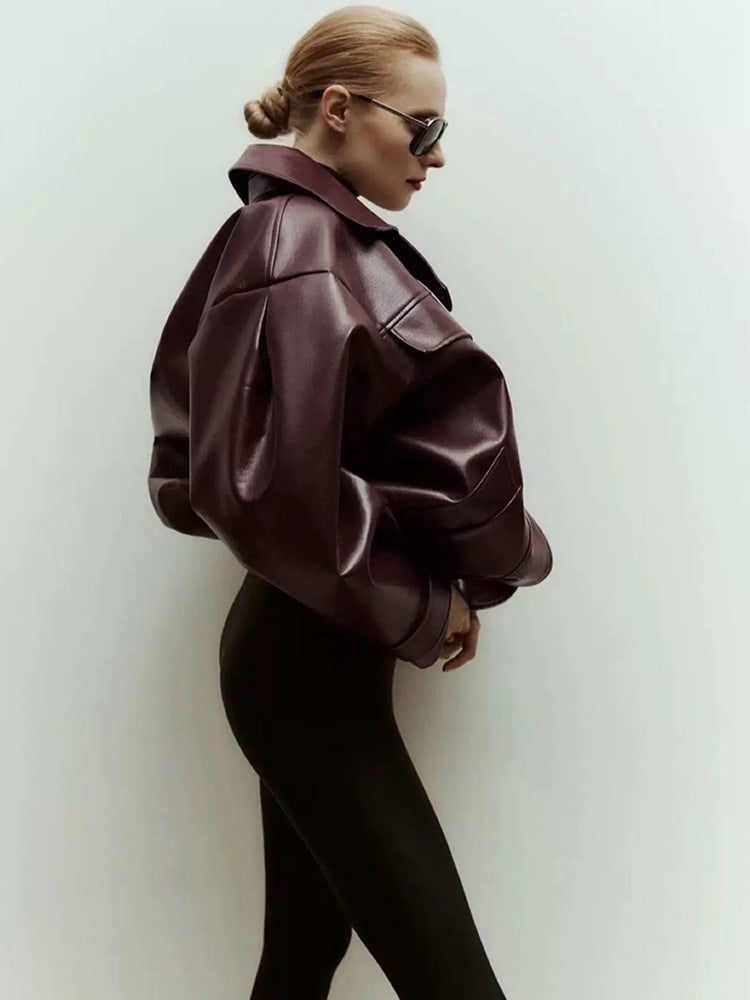 Women Leather Jacket Cropped Maroon Workwear Coat