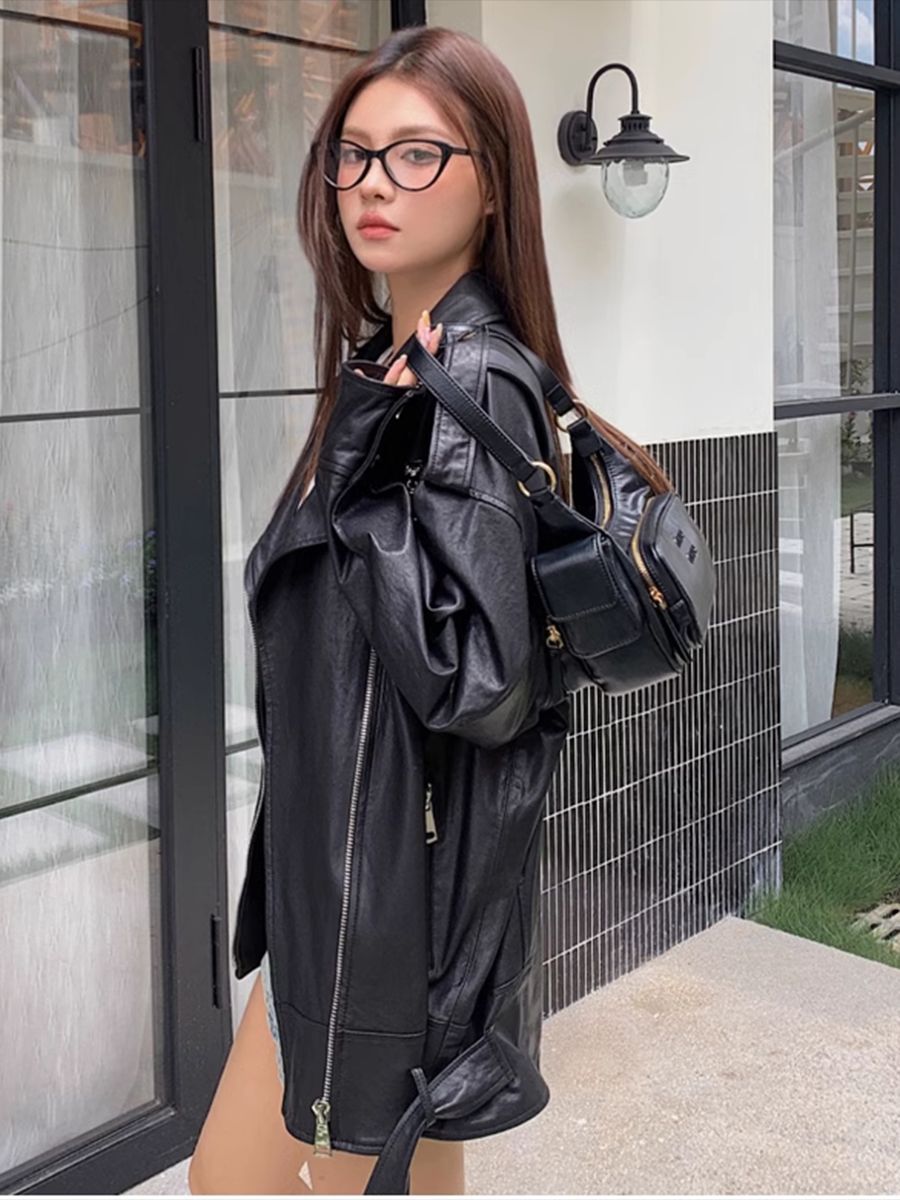 Women Oversized Genuine Leather Motorcycle Jacket Retro Washed