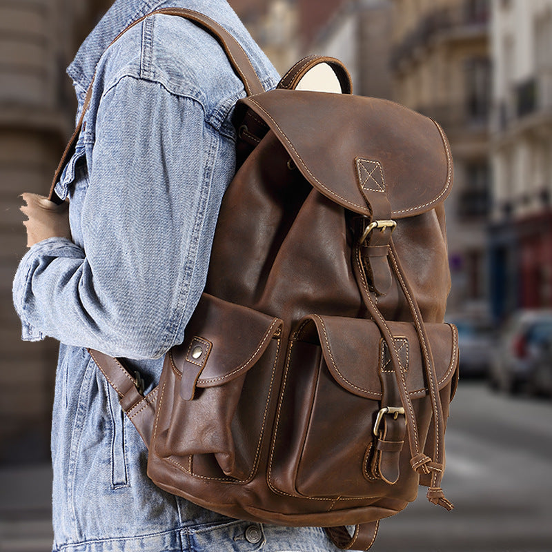brown real leather backpack men