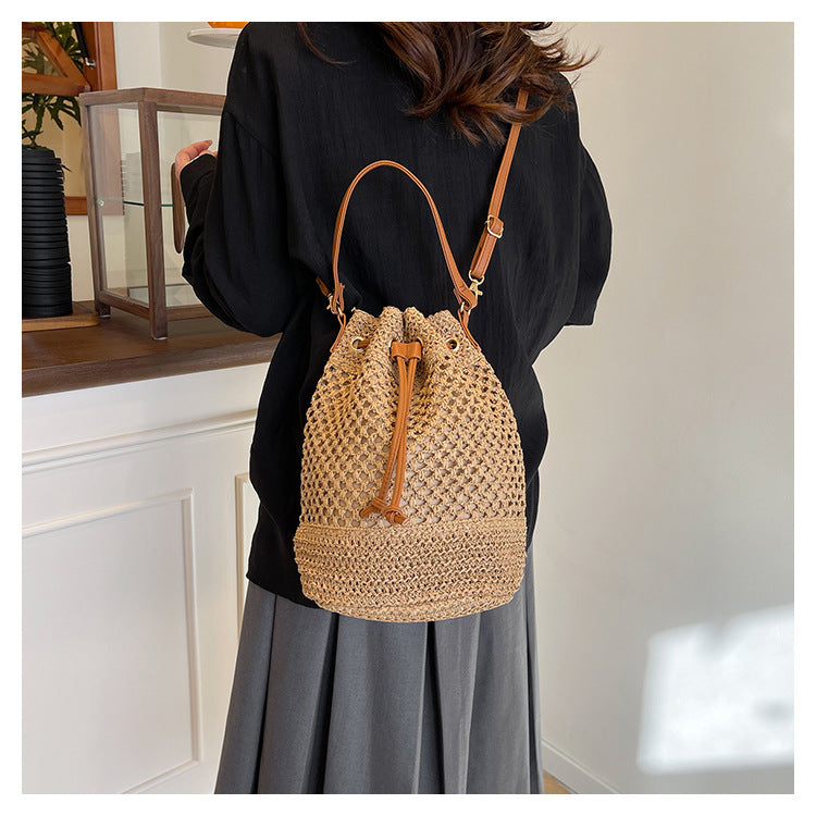 Straw Beach Bucket Bag for Women with Leather Strap