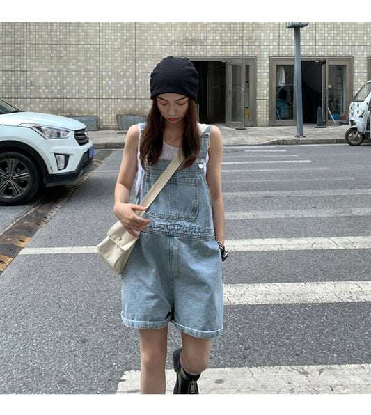 Denim Casual Distressed Overalls Bib Shorts
