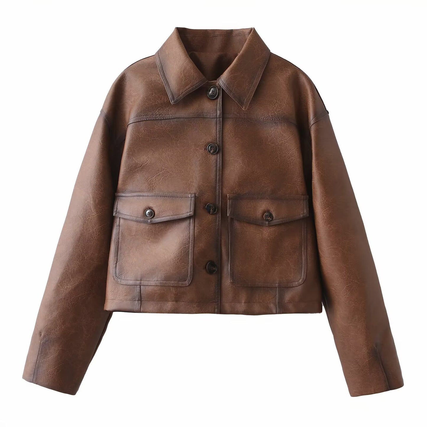 Brown Faux Leather Bomber Jacket for Women Cropped