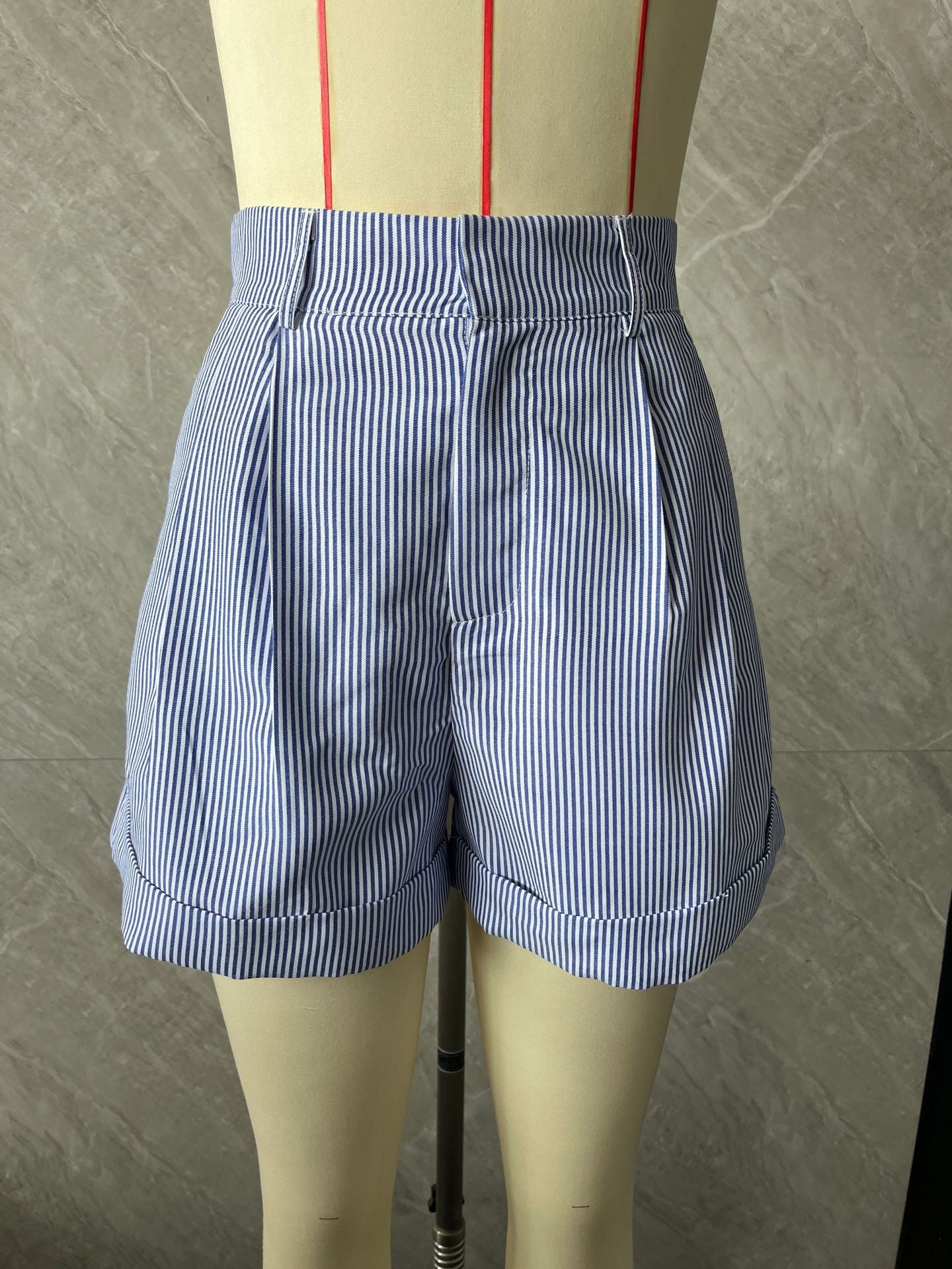 blue and white striped shorts