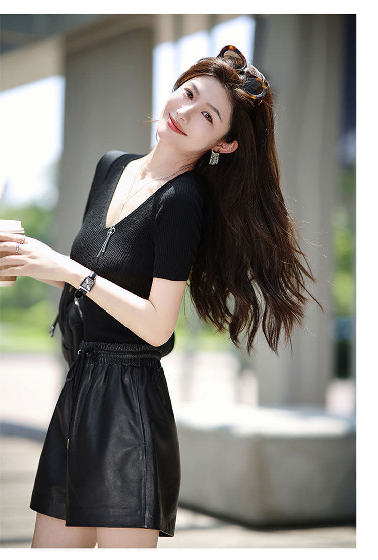 Women’s High Waisted Black Leather Shorts Wide-Leg