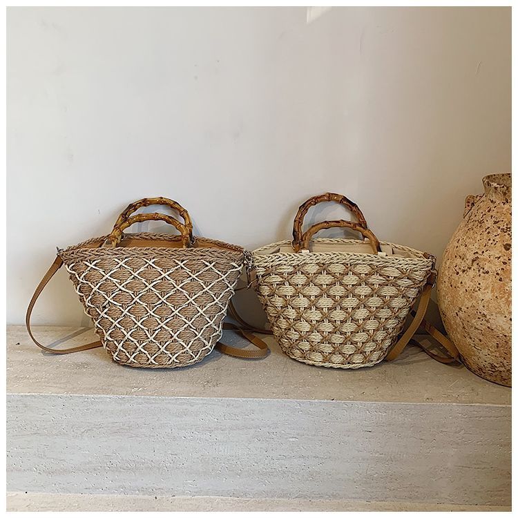 Woven Beach Summer Tote Bag with Bamboo Handles