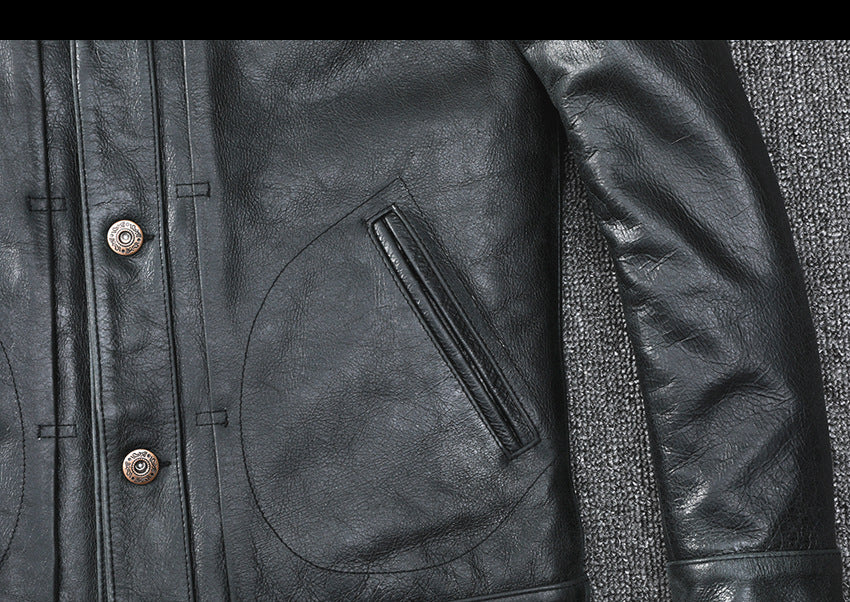 Black Leather Jacket Men Slim Fit Biker Oil Wax Vintage Style