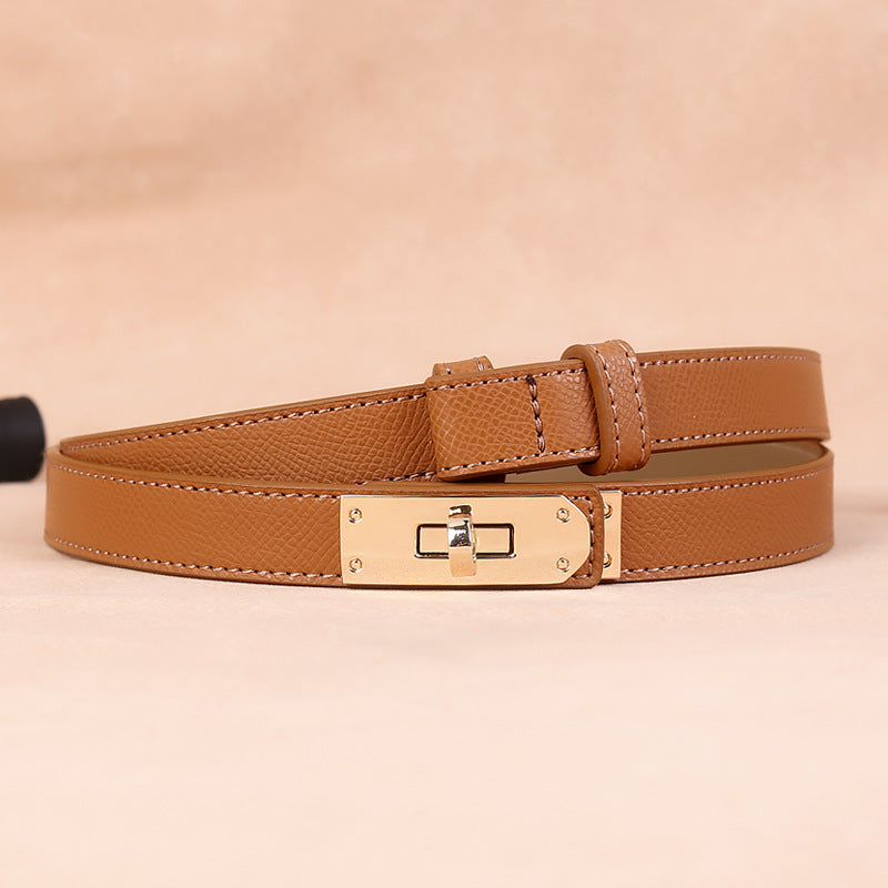 Slim leather belt for women with gold buckle