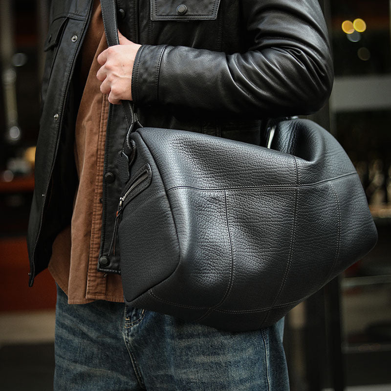 Black Genuine Leather Duffle Bag Travel, Gym & Overnight Bag
