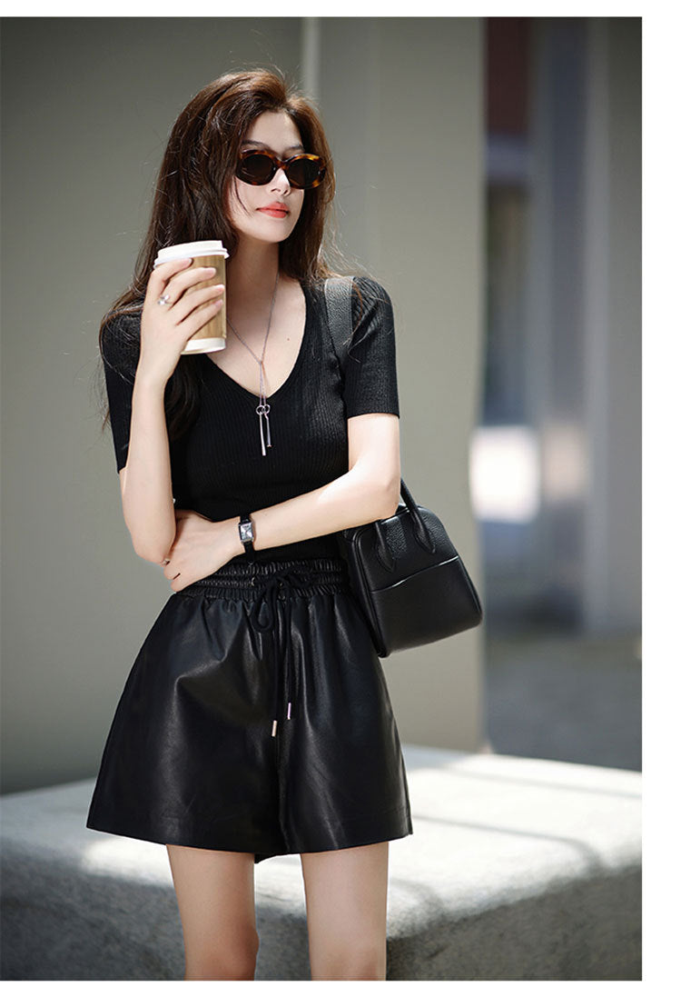 Women’s High Waisted Black Leather Shorts Wide-Leg