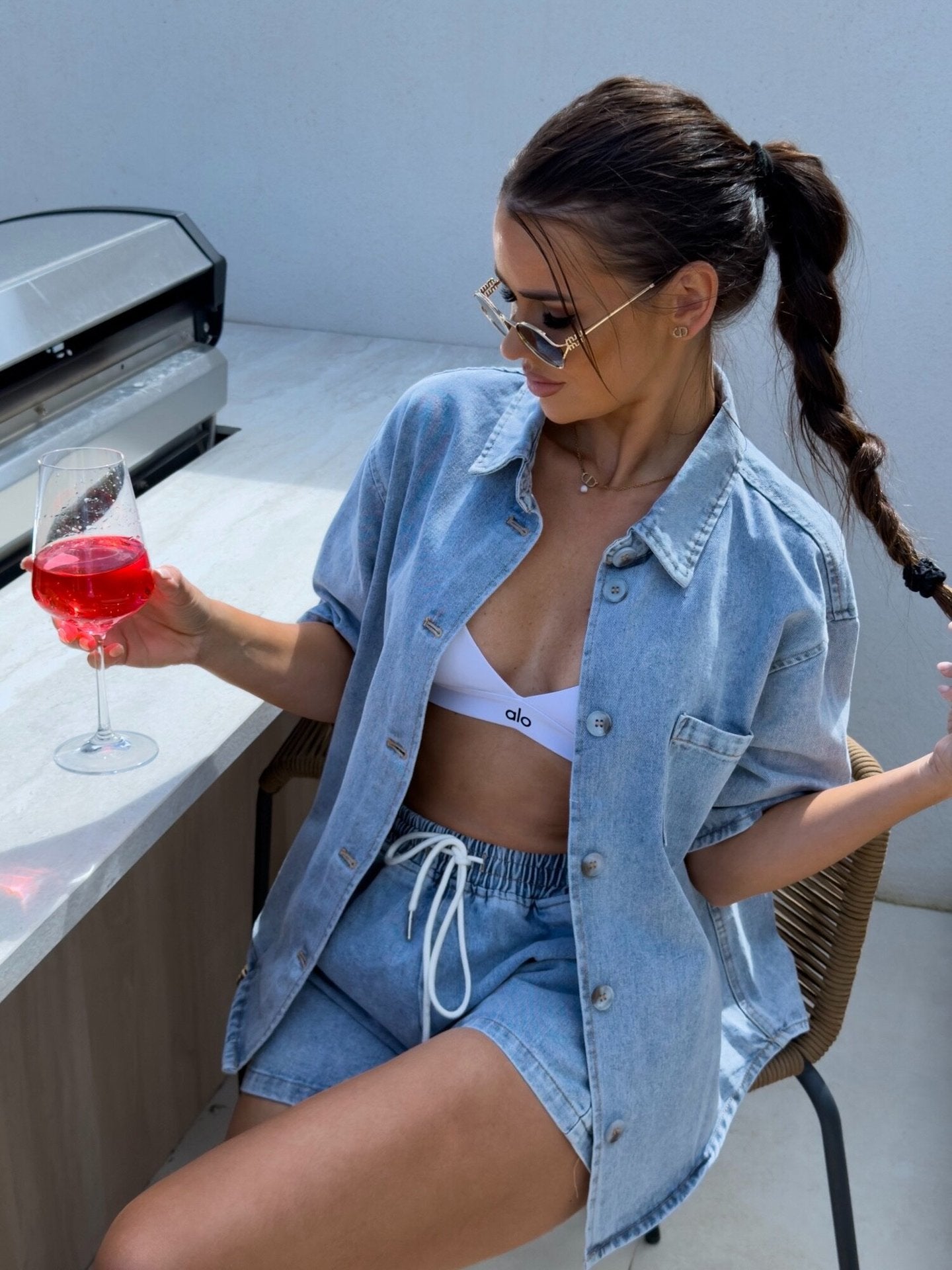Two Piece Denim Short Set Shirt and Shorts