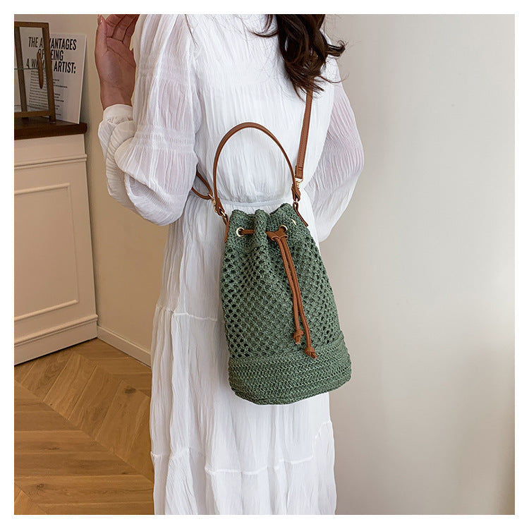 Straw Beach Bucket Bag for Women with Leather Strap