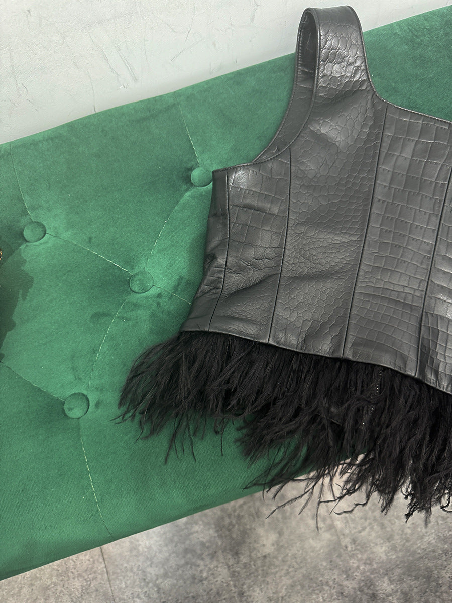 Women’s Genuine Leather Vest with Ostrich Feather Hem
