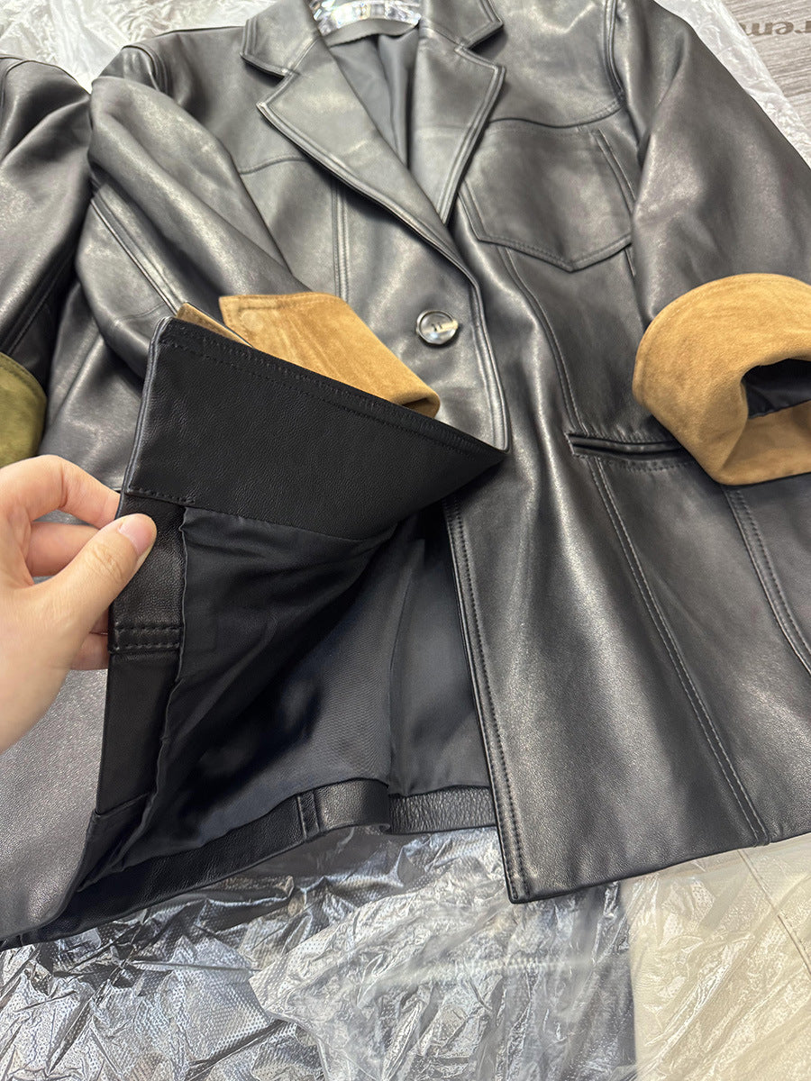 Women Leather Jacket Mid-Length Blazer with Suede Cuffs