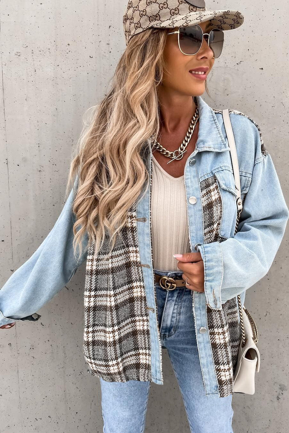 Plaid Patchwork Oversized Denim Shirt Jacket for Women