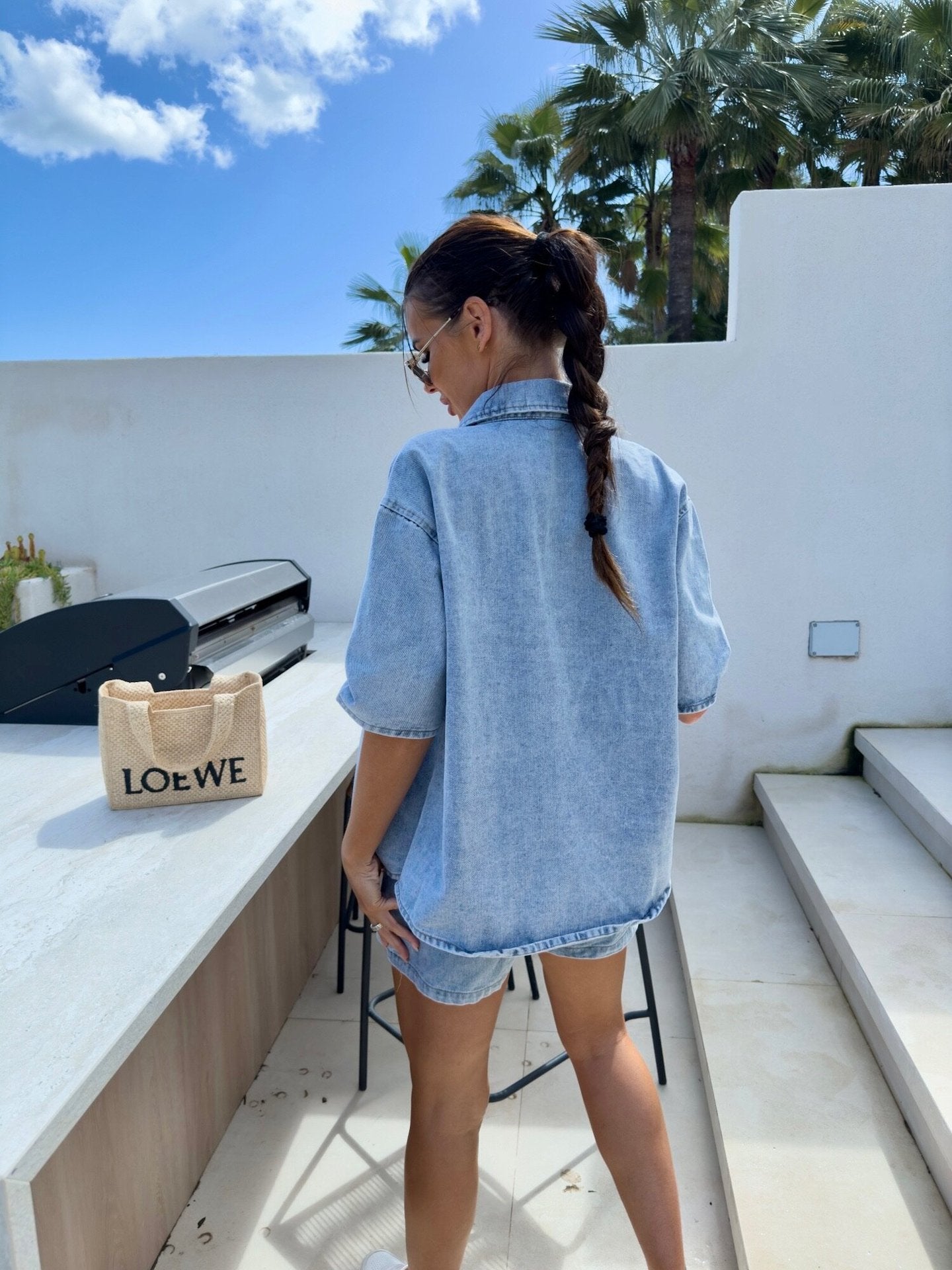 Two Piece Denim Short Set Shirt and Shorts