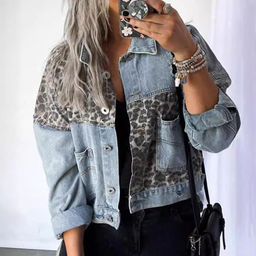 Leopard Patchwork Cropped Denim Jacket for Women