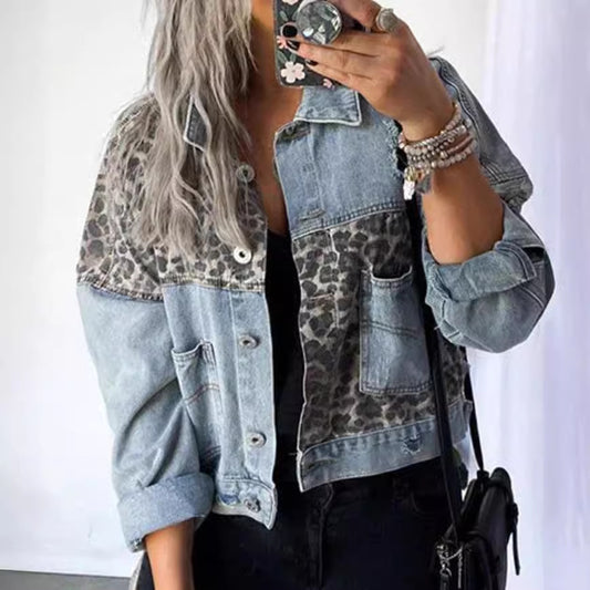 Leopard Patchwork Cropped Denim Jacket for Women