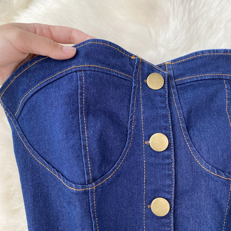 High Waist Denim Two Piece Skirt Set with Bustier Top for Women