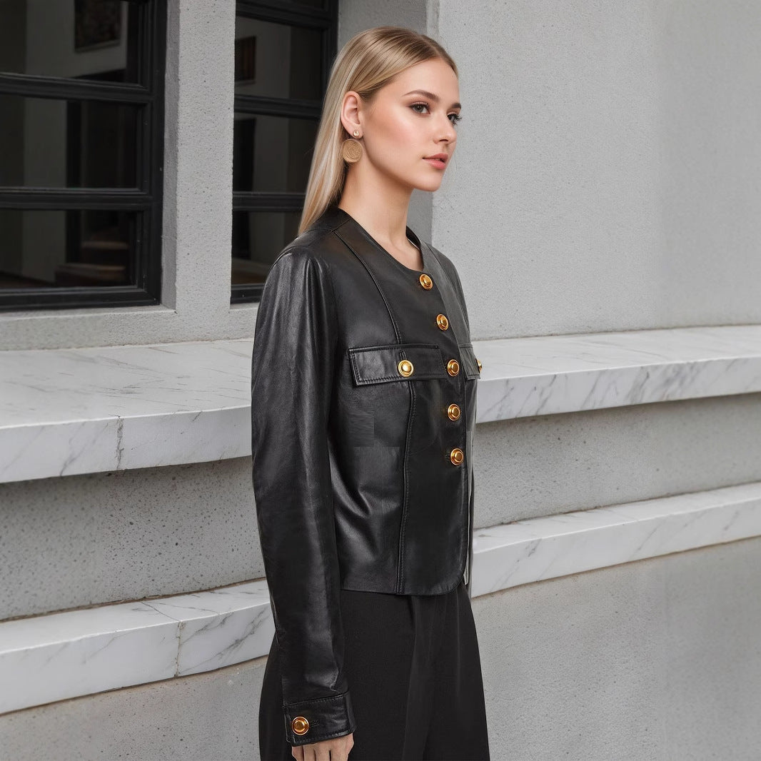 Cropped Faux Leather Jacket with Gold Buttons for Women