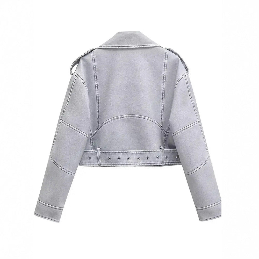 Women’s Short Faux Leather Motorcycle Jacket with Waist Belt