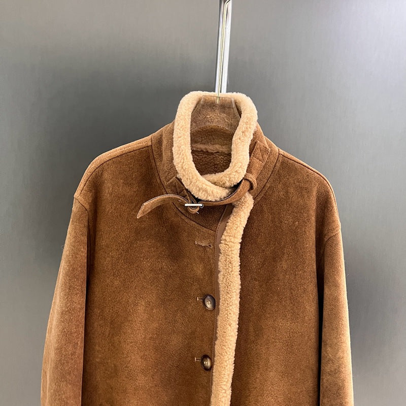 Women Suede Merino Shearling Fur Coat Motorcycle Jacket