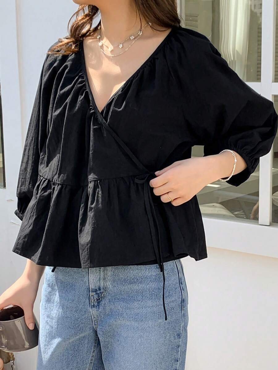 Tie Side Bishop Sleeve Wrap Peplum Blouse Shirt