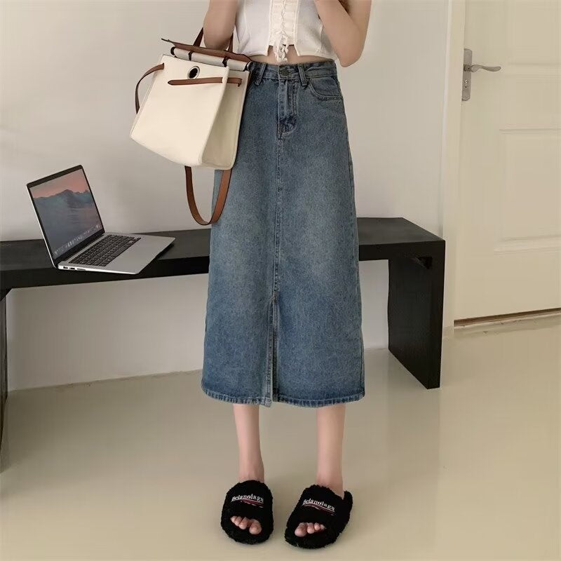 High Waist Denim Maxi Skirt