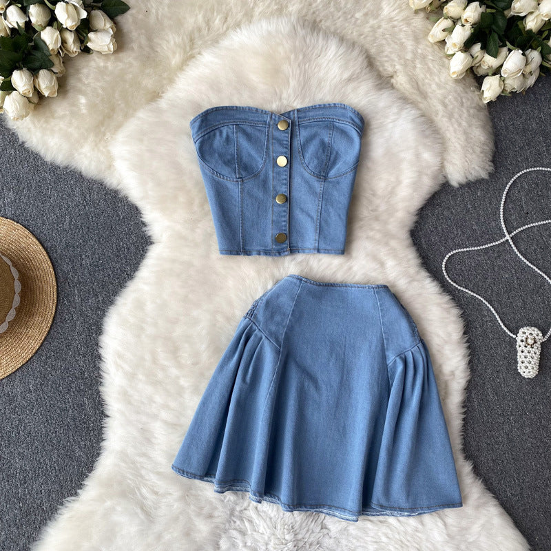 High Waist Denim Two Piece Skirt Set with Bustier Top for Women