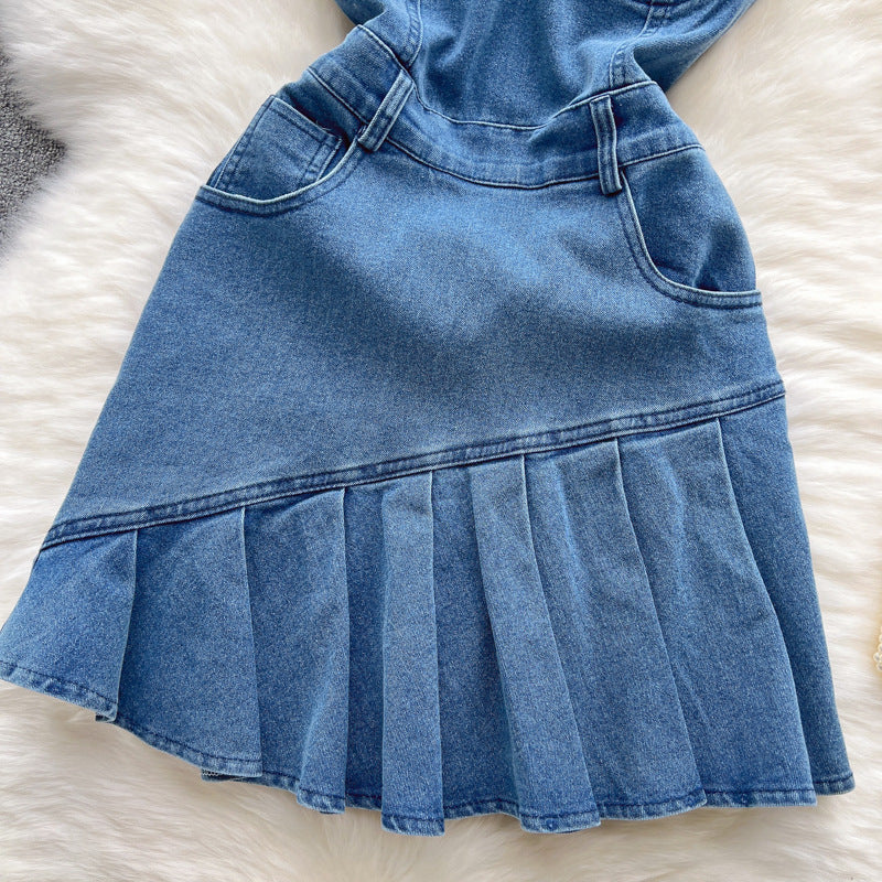 Strapless Denim Mini Bodycon Dress with Pleated Skirt