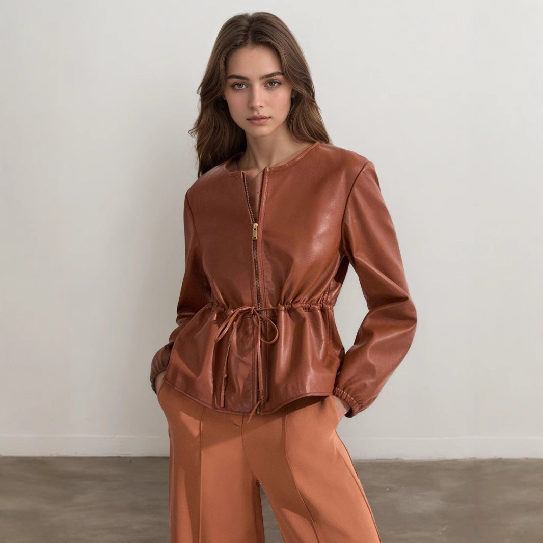 Brown Faux Leather Jacket for Women with Drawstring Waist