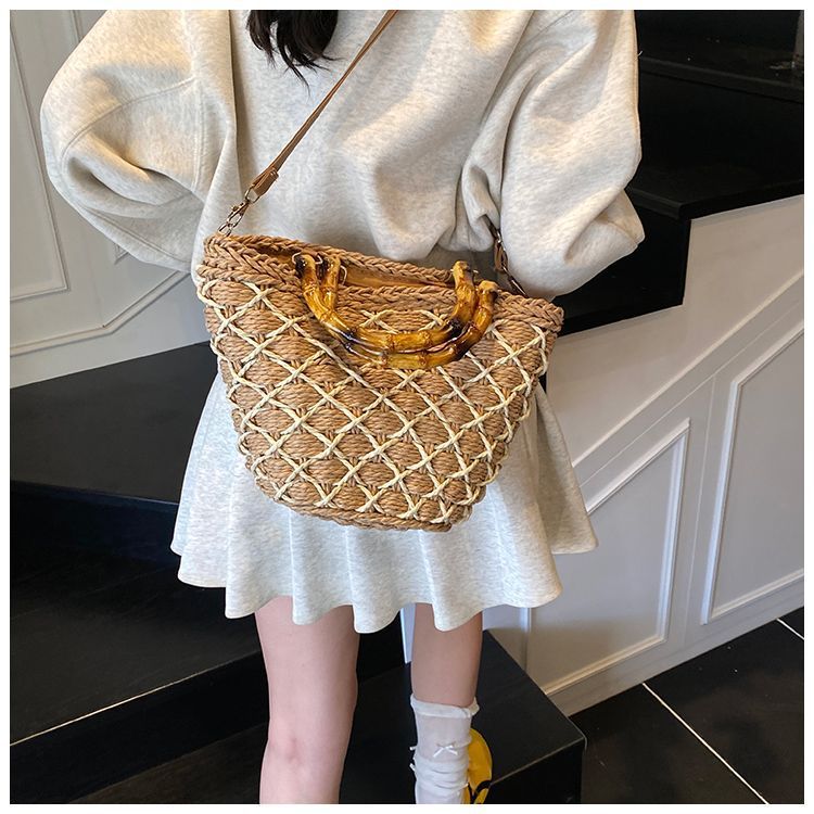 Woven Beach Summer Tote Bag with Bamboo Handles