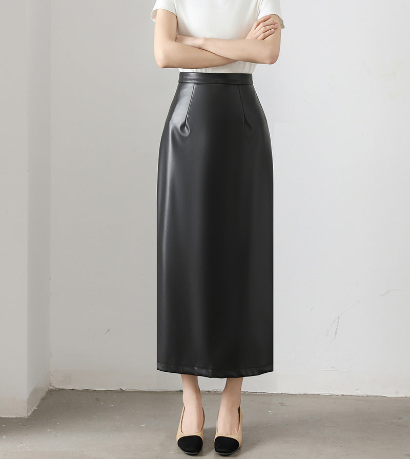 Brown PU Leather High Waist Midi Skirt with Back Slit