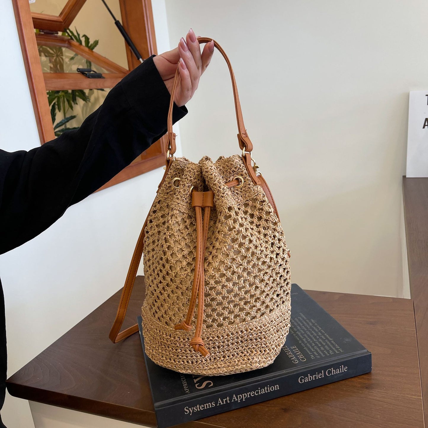 Straw Beach Bucket Bag for Women with Leather Strap