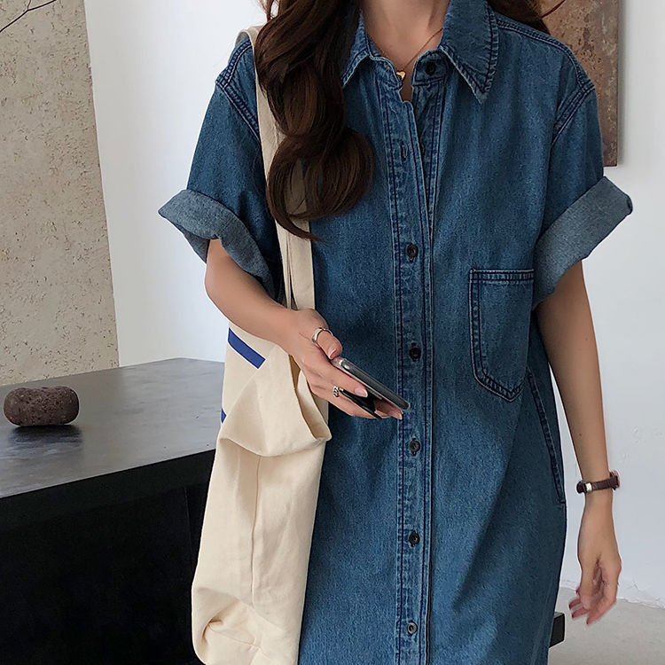 Short Sleeve Denim Shirt Dress for Women Loose Jean