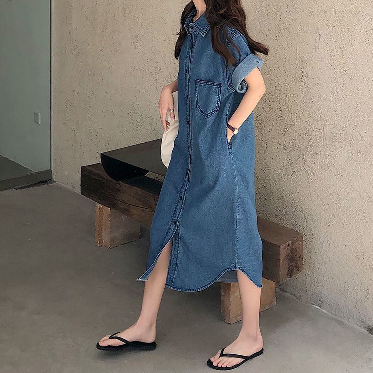 Short Sleeve Denim Shirt Dress for Women Loose Jean