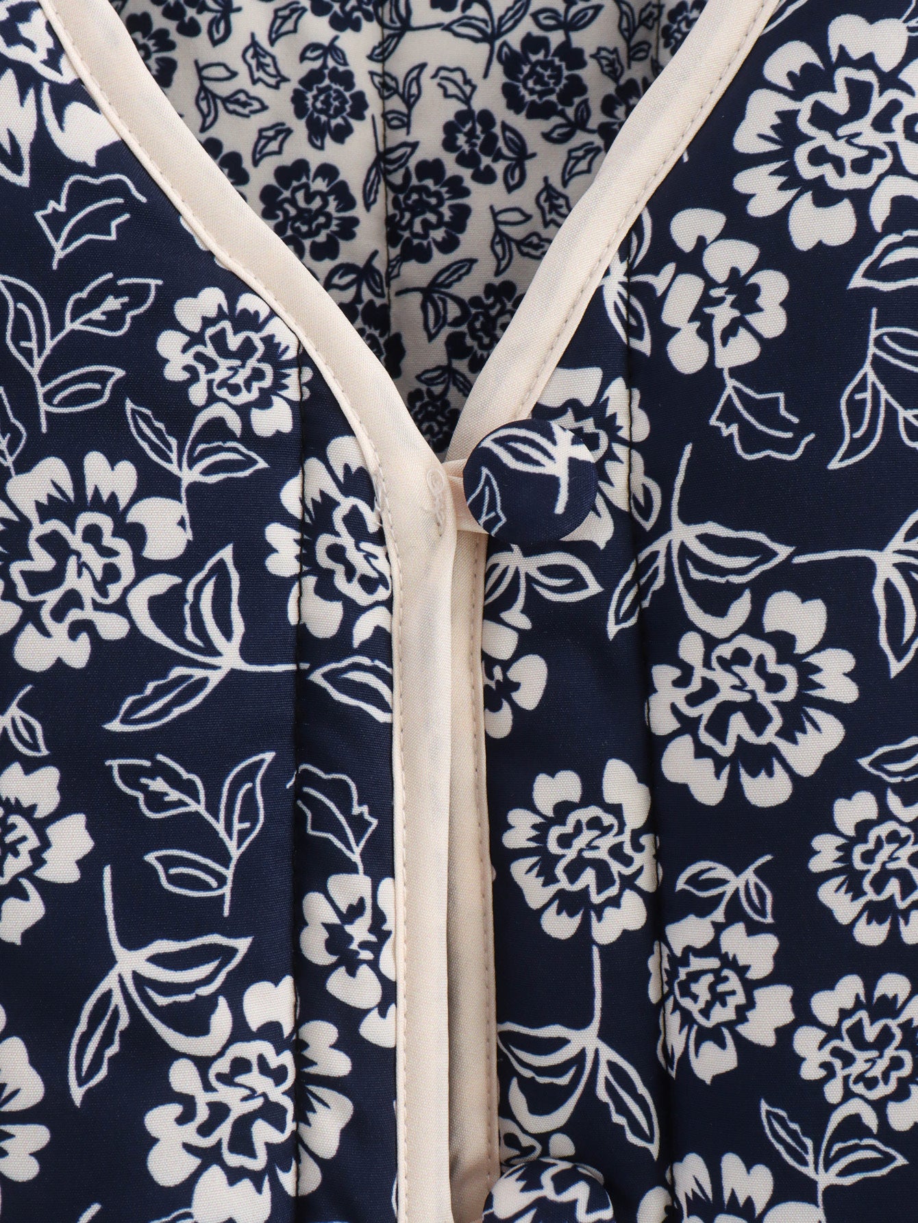 Women Floral Quilted Cotton Jacket Navy White