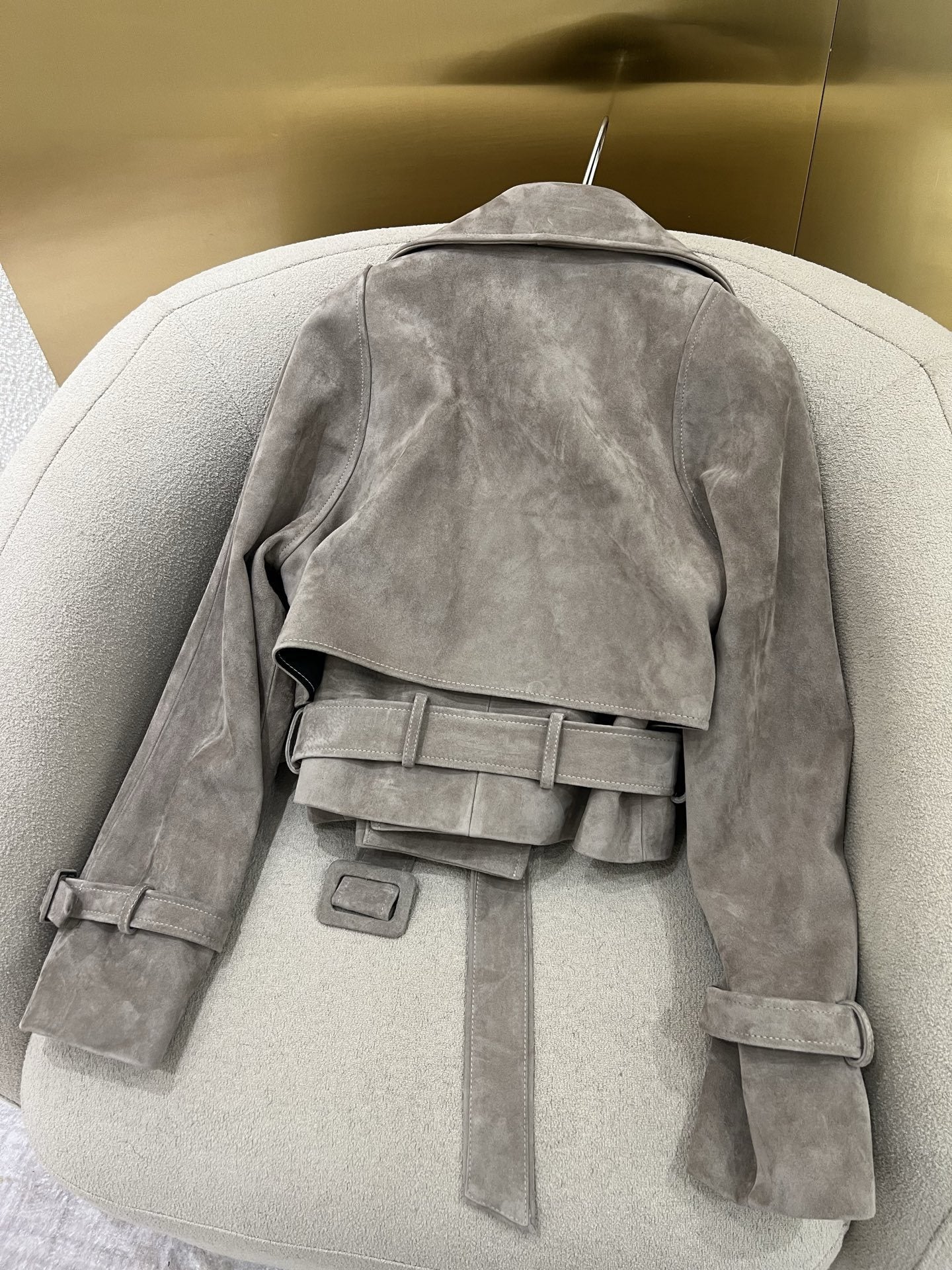 Women Suede Leather Short Trench Coat Maillard