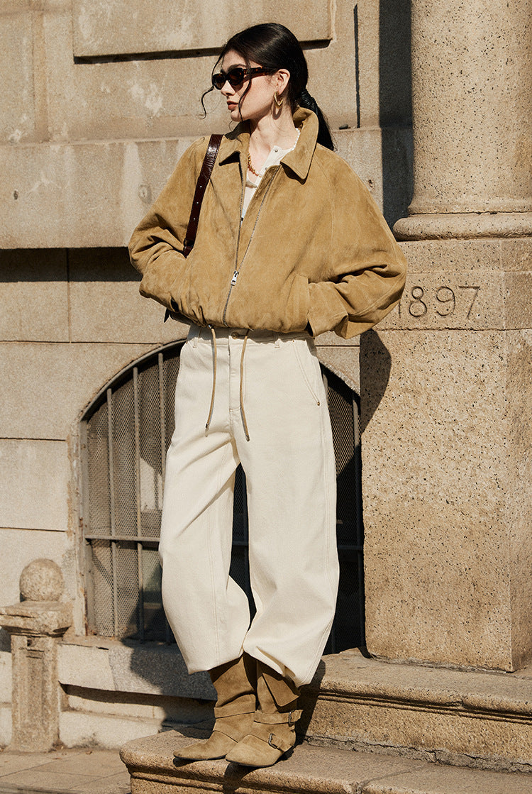 Tan Real Suede Leather Jacket for Women with Drawstring Hem