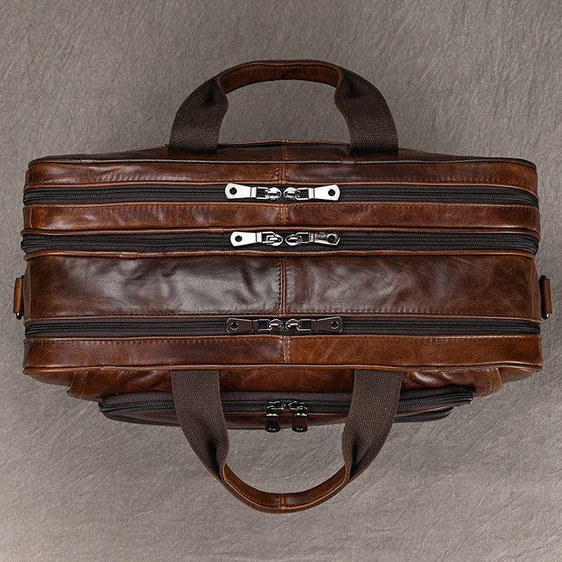 Genuine Leather Office Laptop Bag for Men with Trolley Sleeve